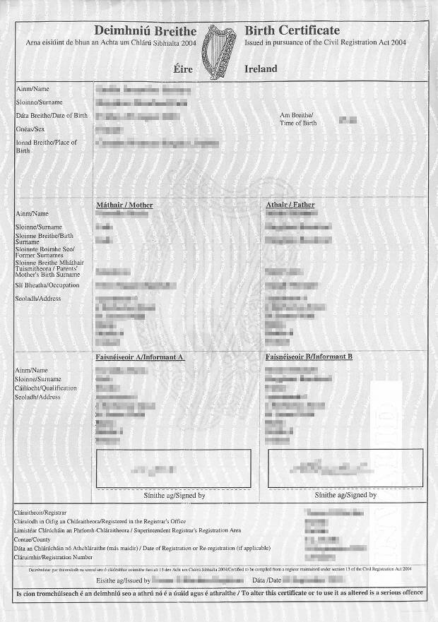 Example of an Irish birth certificate issued by the GRO