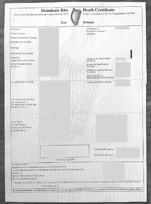 Example of an Irish death certificate issued by the GRO